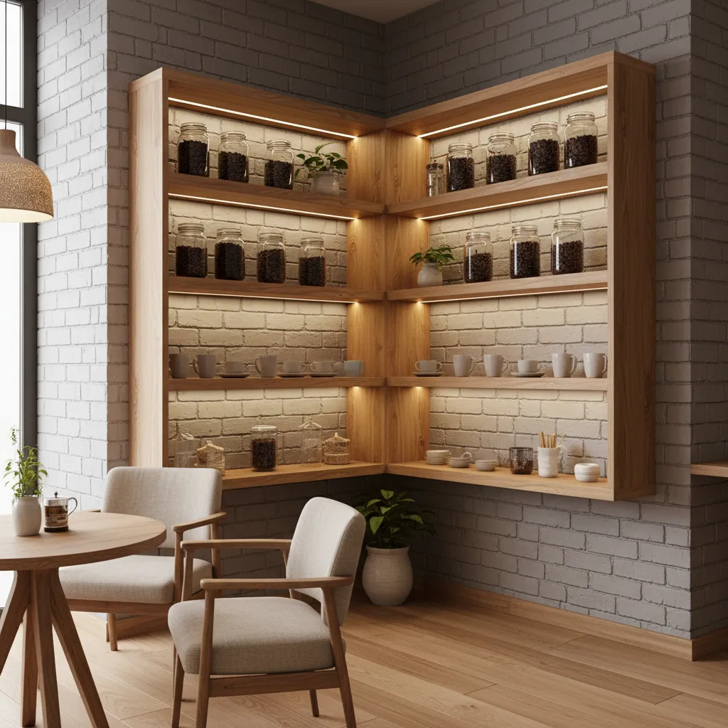Cafe corner shelves with warm LED lighting displaying coffee beans and cups