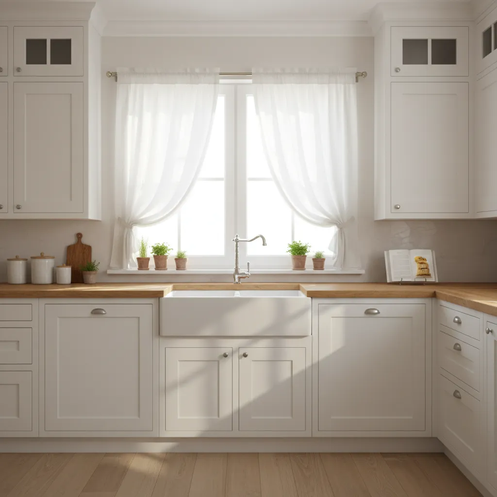 white cafe curtains covering lower half of kitchen window with sunlight