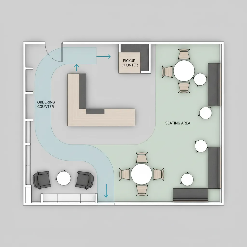 coffee shop floor plan visualization showing ordering pickup and seating circulation