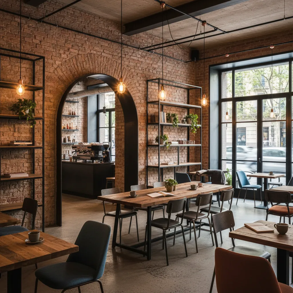 Cafetería moderna en Barcelona con decoración industrial suave