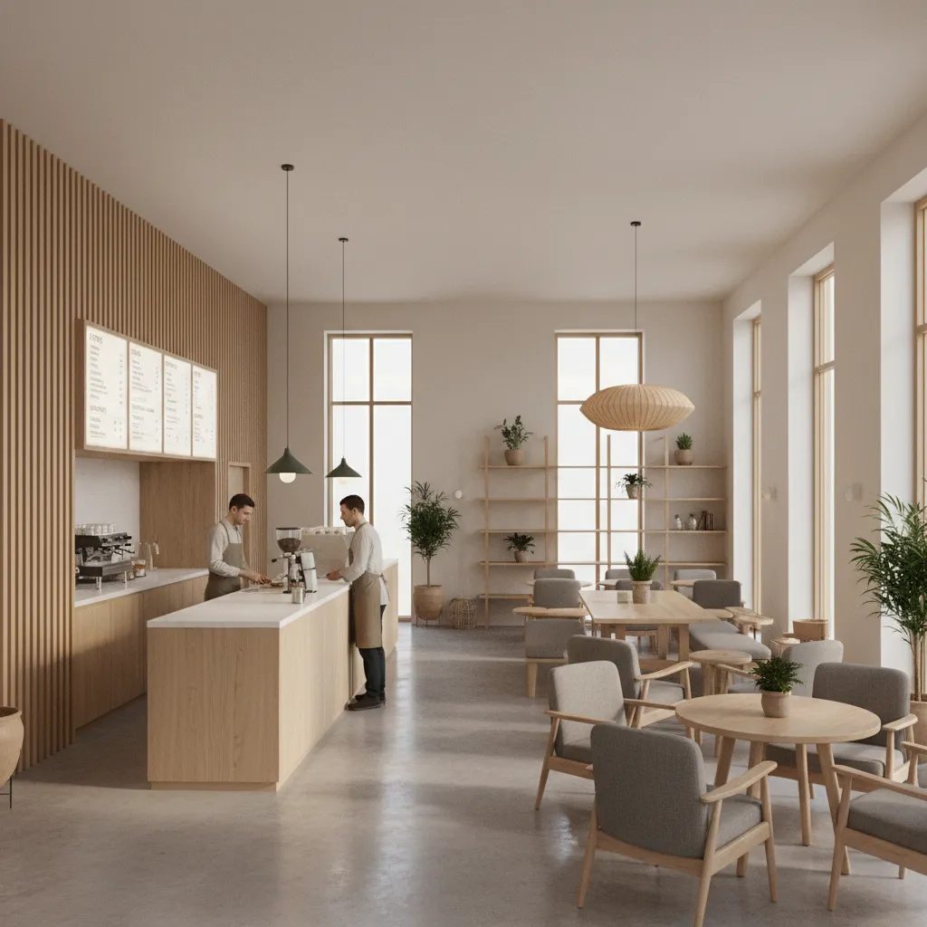 cafe entrance layout with clear walkway and seating zones