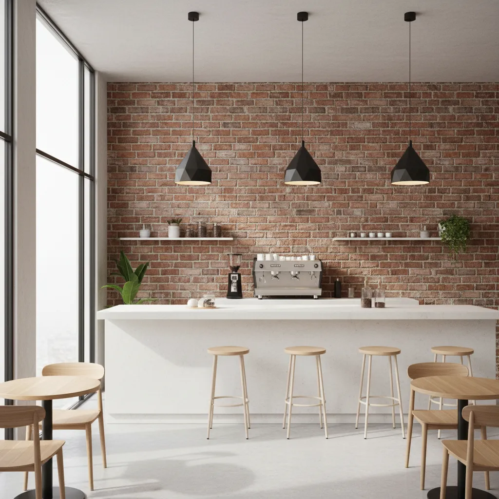 modern cafe interior with exposed brick wall behind coffee bar