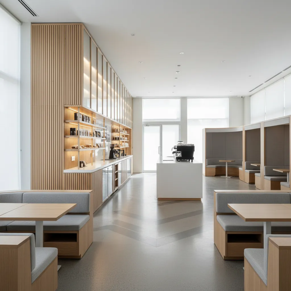 Modern cafe interior featuring wood wall panels grey sofa booths white counter and natural light