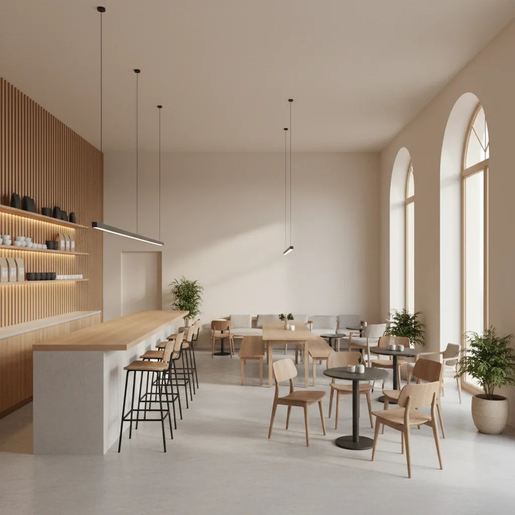 3D cafe interior concept showing seating layout and bar counter