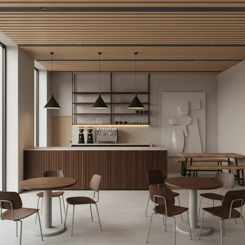 3D modeled cafe interior scene with seating and lighting setup