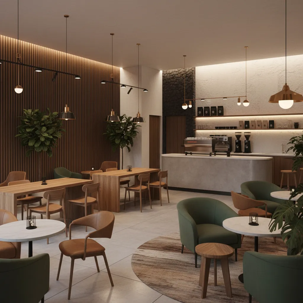 3D render of cafe interior showing lighting mood and branding elements