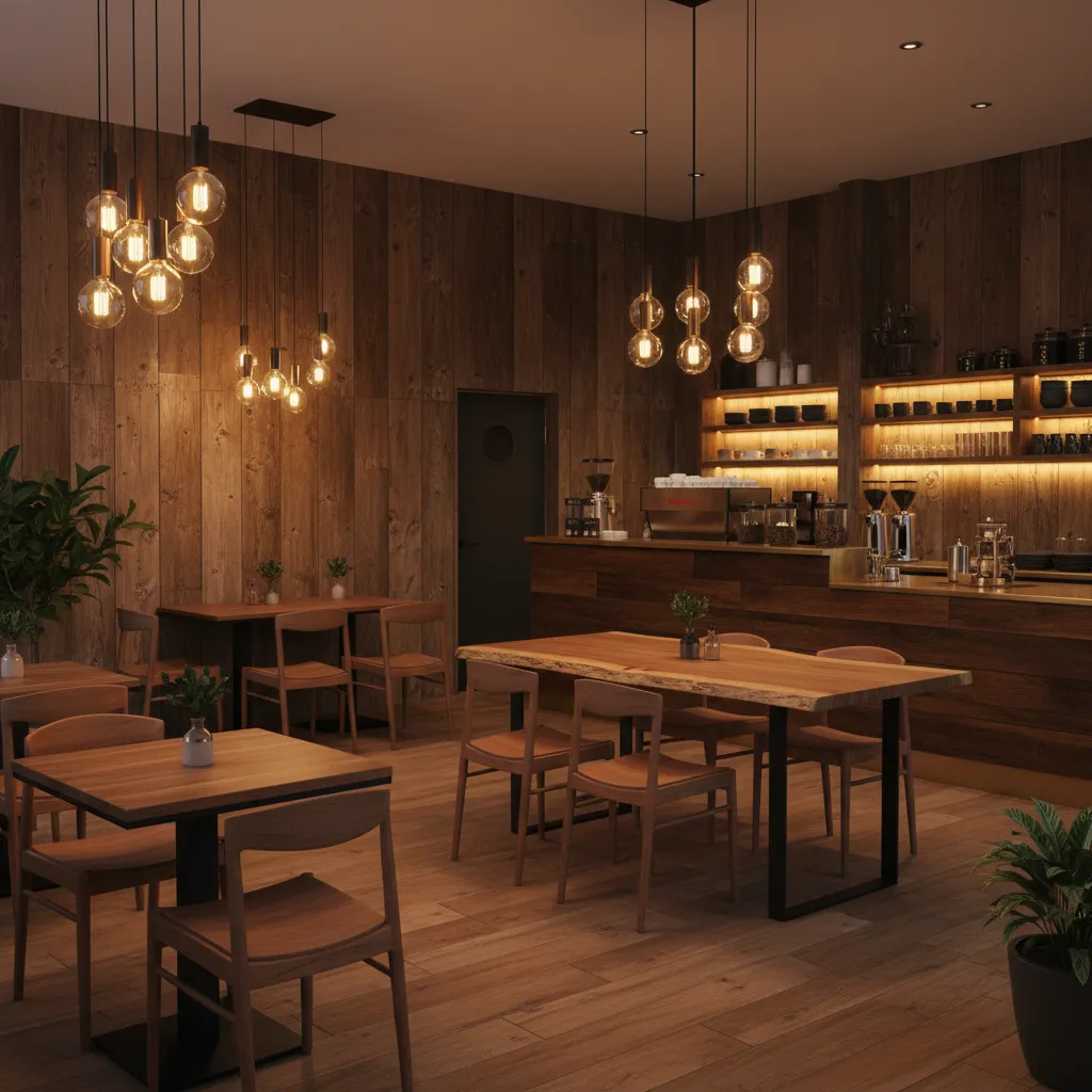 Iluminación cálida con lámparas colgantes sobre mesas de cafetería