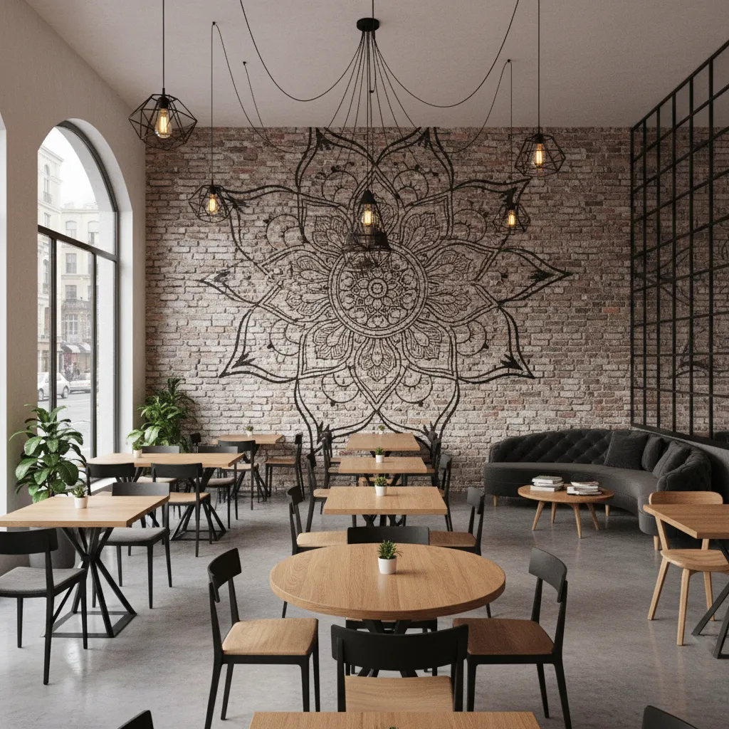 Creative cafe interior with bold mandala mural feature wall