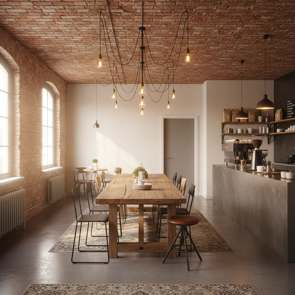 Cafe interior with plug-in pendant ceiling lights hanging above communal table
