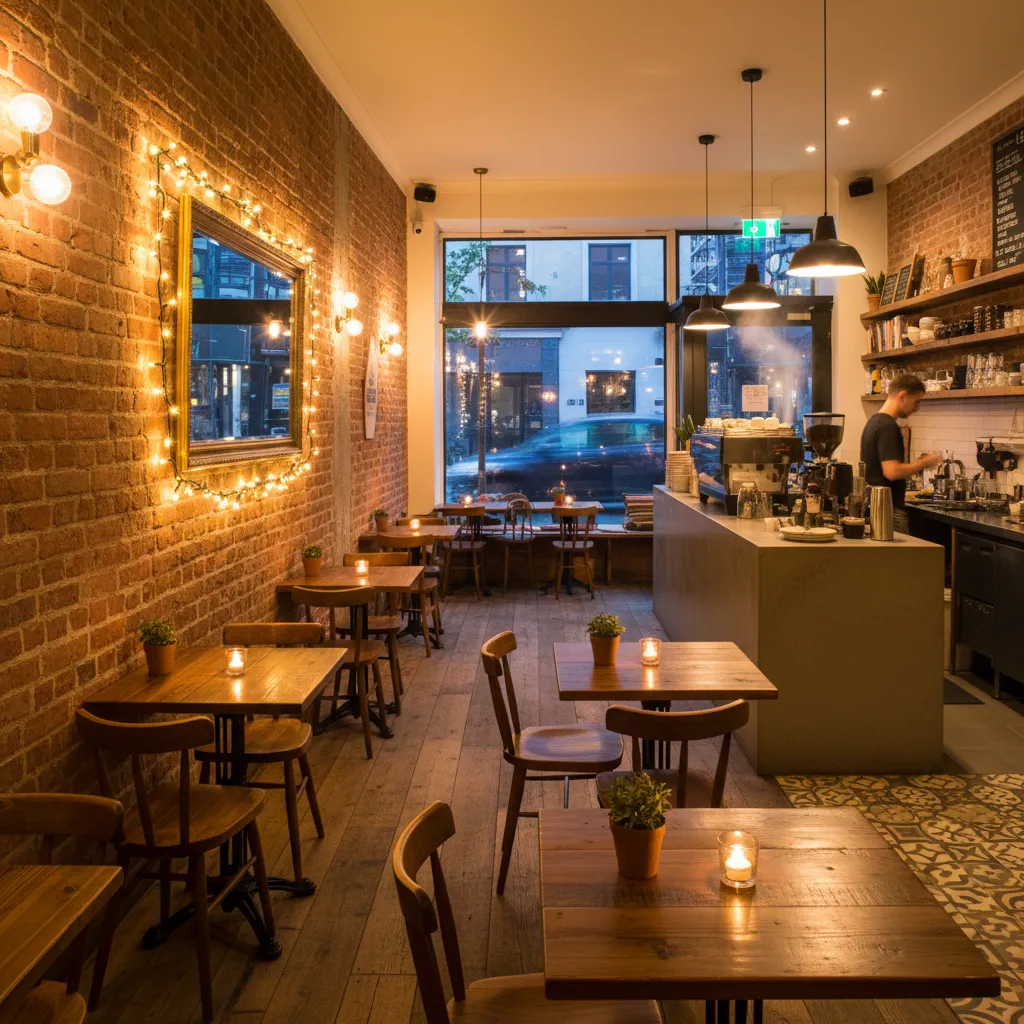 cozy cafe interior with decorative string lights on brick wall