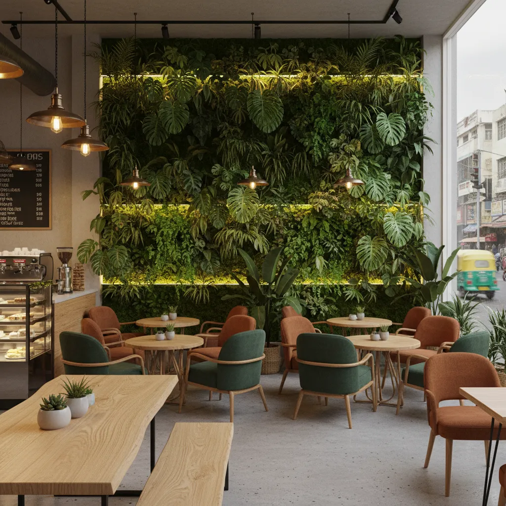 Trendy Bangalore cafe interior with decorative vertical garden wall