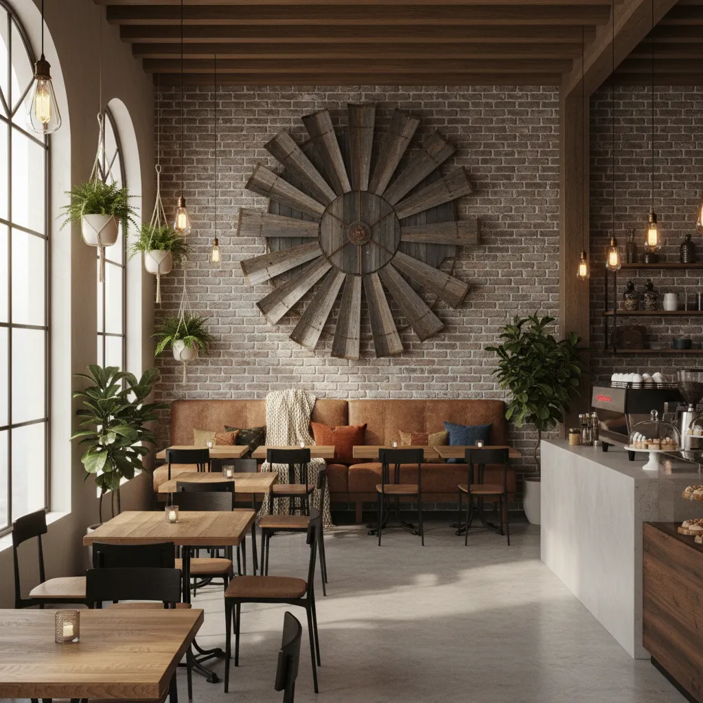 Modern rustic cafe seating area with windmill wall decor