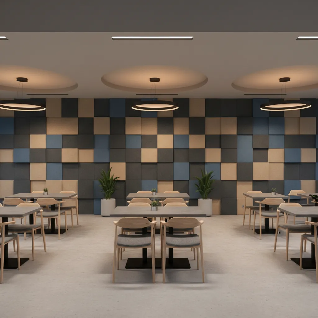 cafeteria seating area with decorative acoustic wall panels
