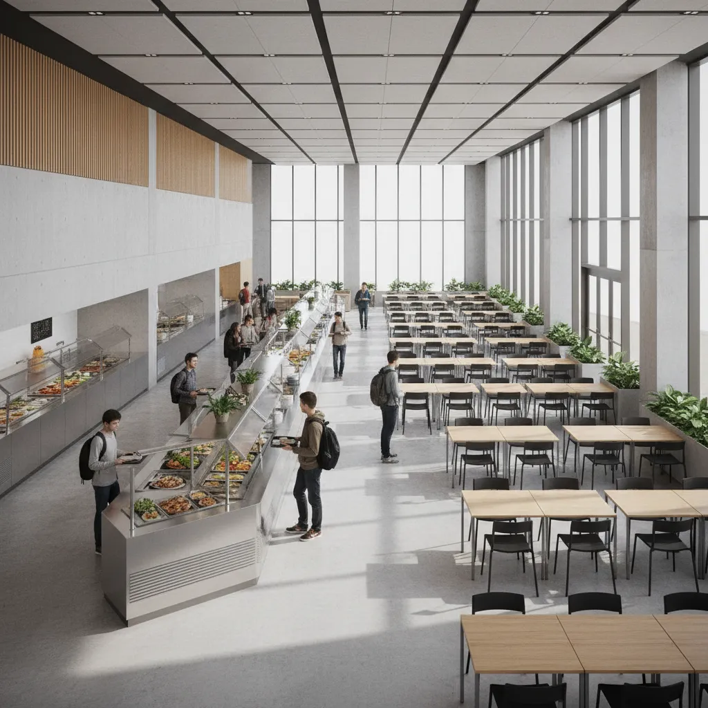 People standing at a buffet counter in a modern cafeteria with rows of dining tables