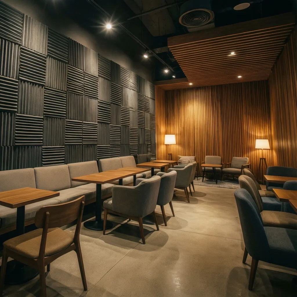 Interior de cafetería con paneles acústicos y materiales cálidos