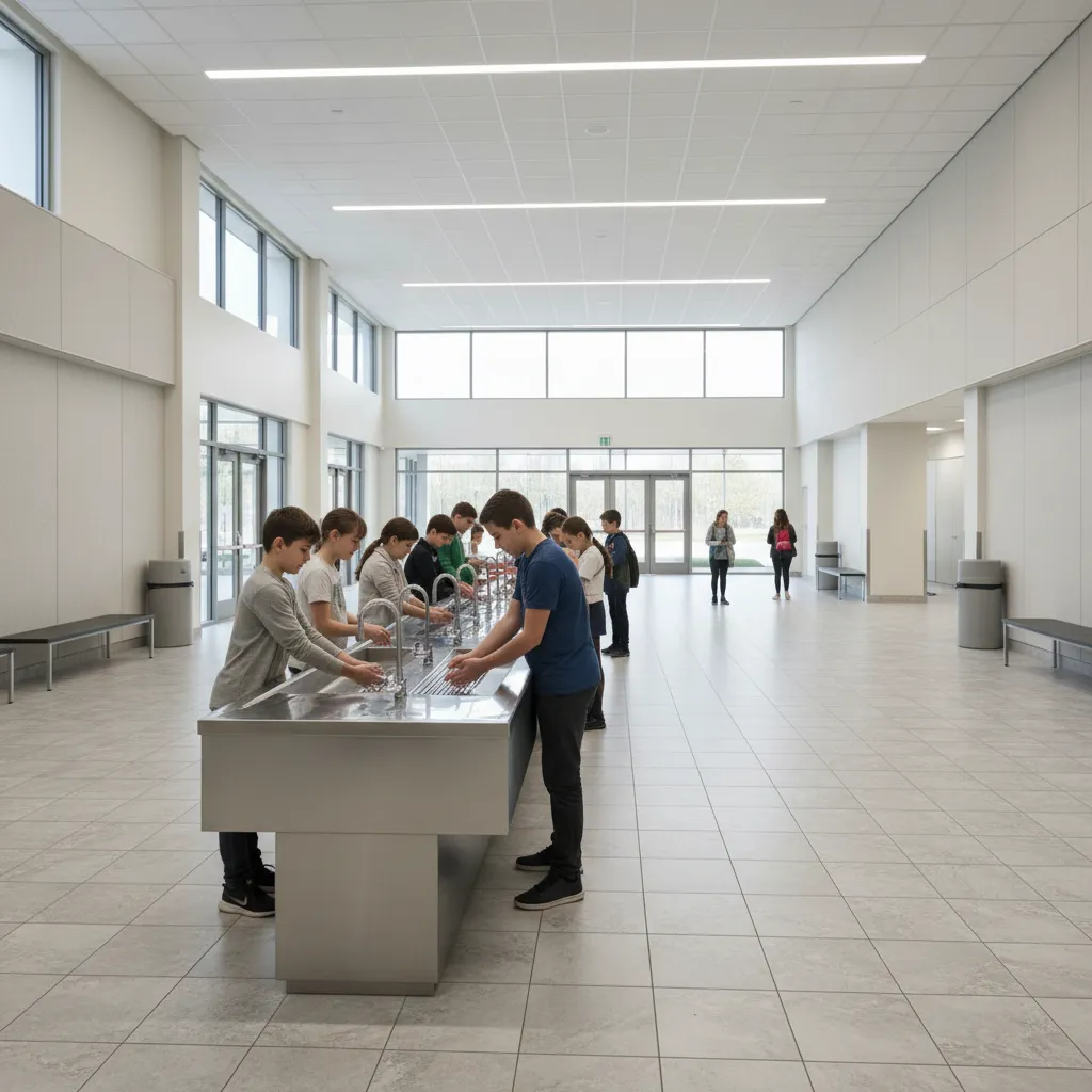 students washing hands at entry wash basin station in school dining hall