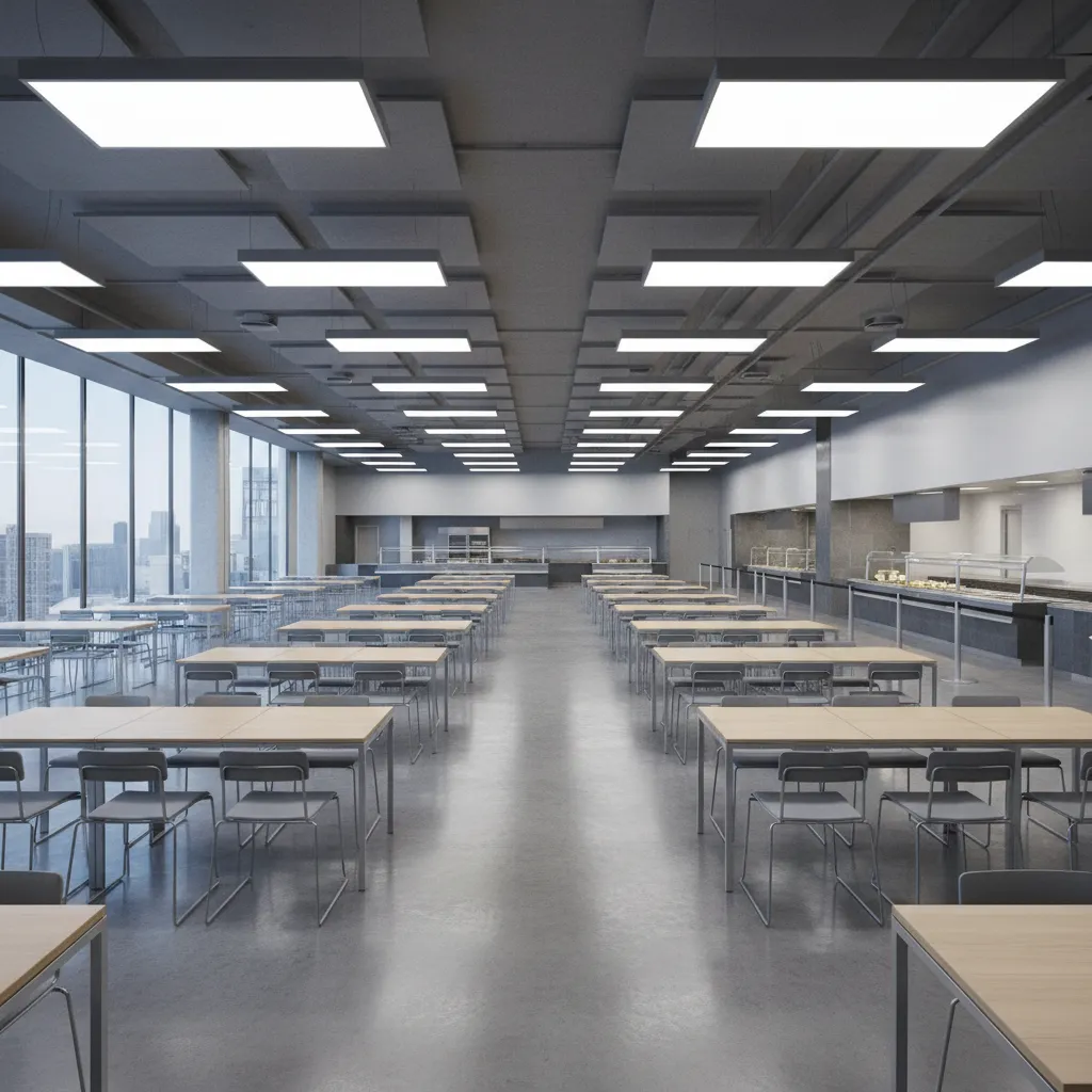 Cafeteria layout with clear circulation paths and grouped tables