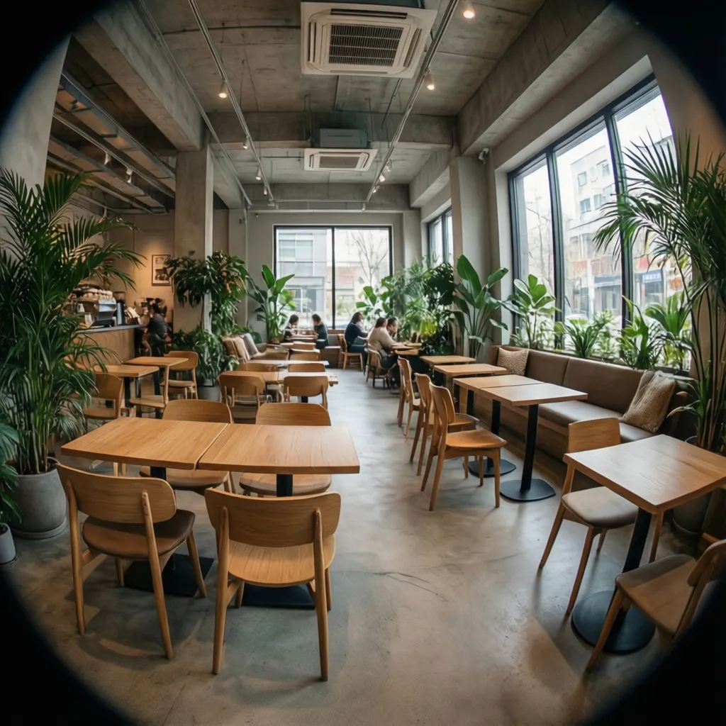 Zona de mesas en una cafetería moderna con plantas y luz natural