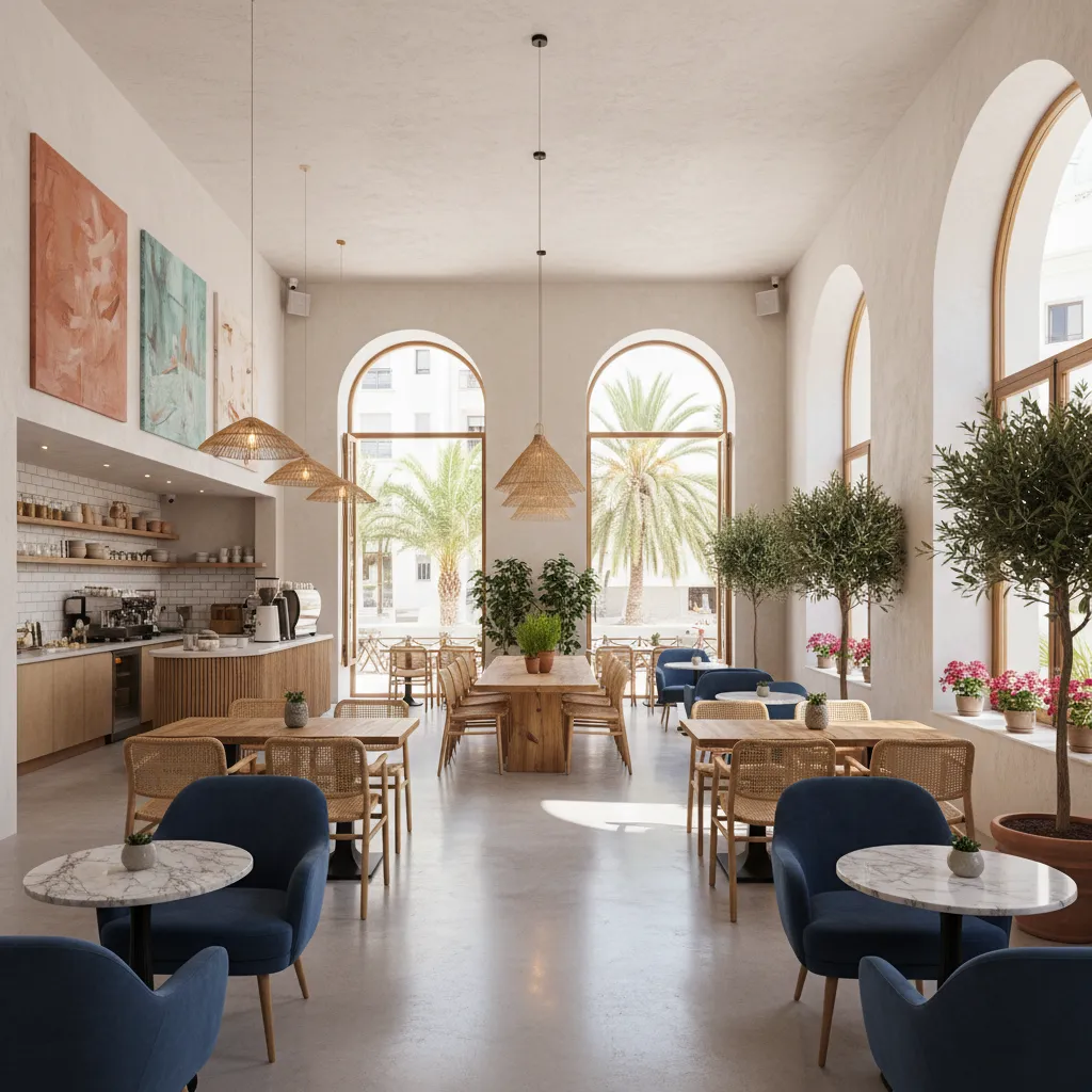 Modern cafe interior with blue chairs wooden tables woven ceiling lights and large arched windows