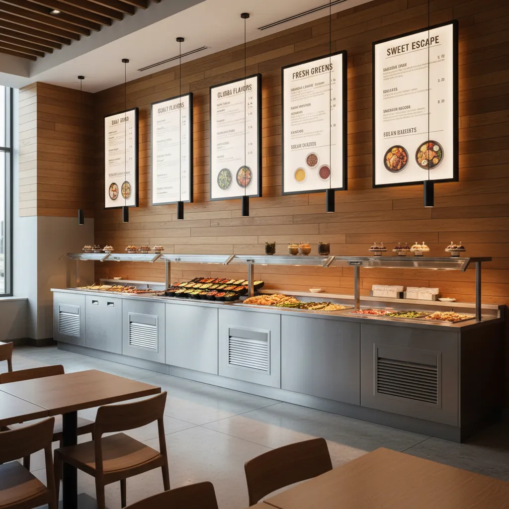 modern cafeteria menu wall with backlit panels and wood backdrop