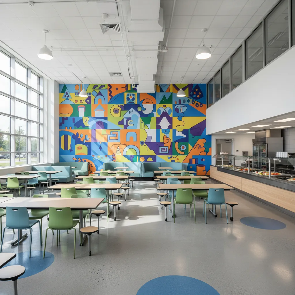 cafeteria interior with colorful mural wall behind dining tables