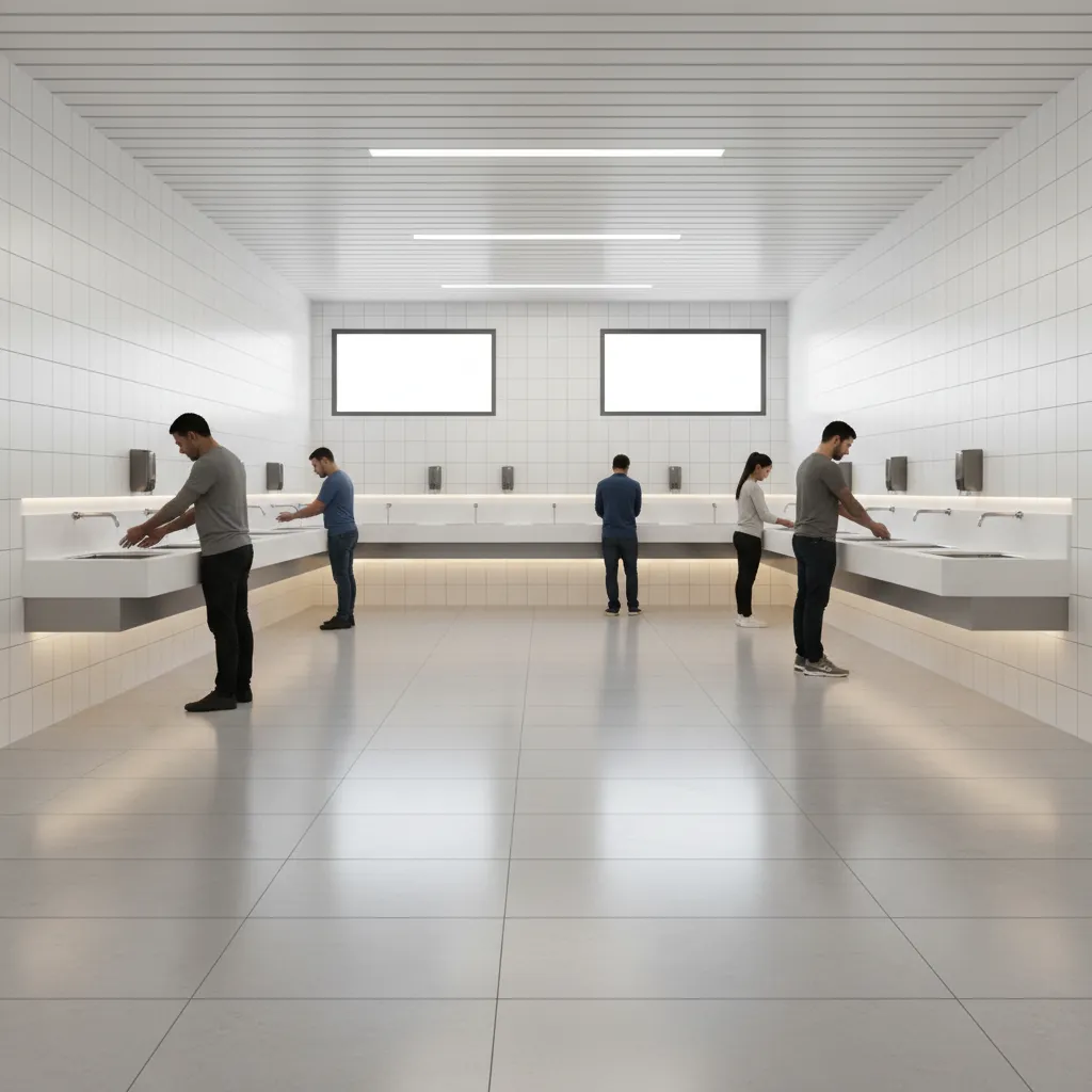 cafeteria wash basin area with clear queue space and wide circulation