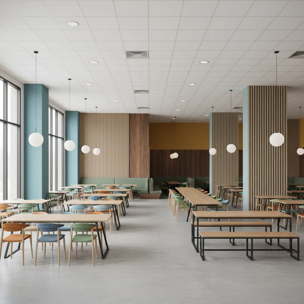 large cafeteria divided visually using different wall colors and materials
