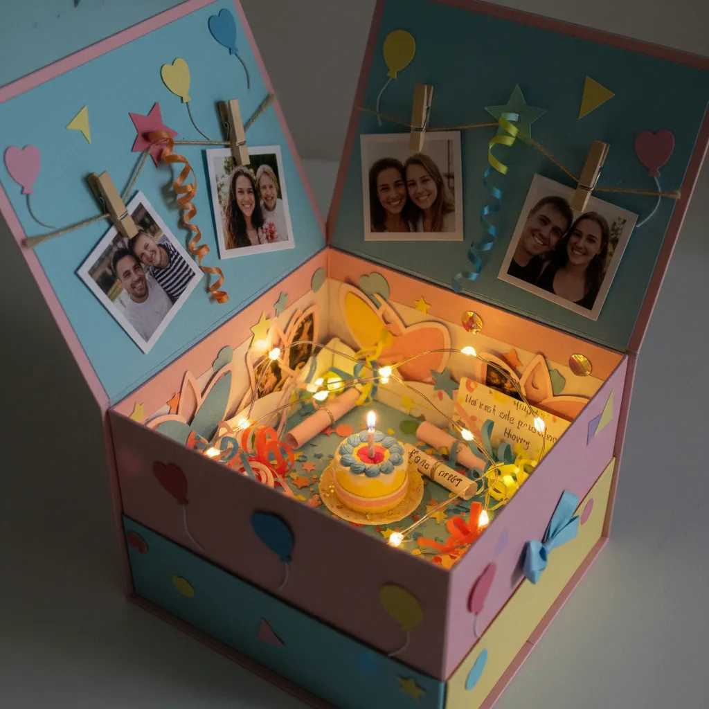 Caja sorpresa decorada con fotos y luces LED pequeñas