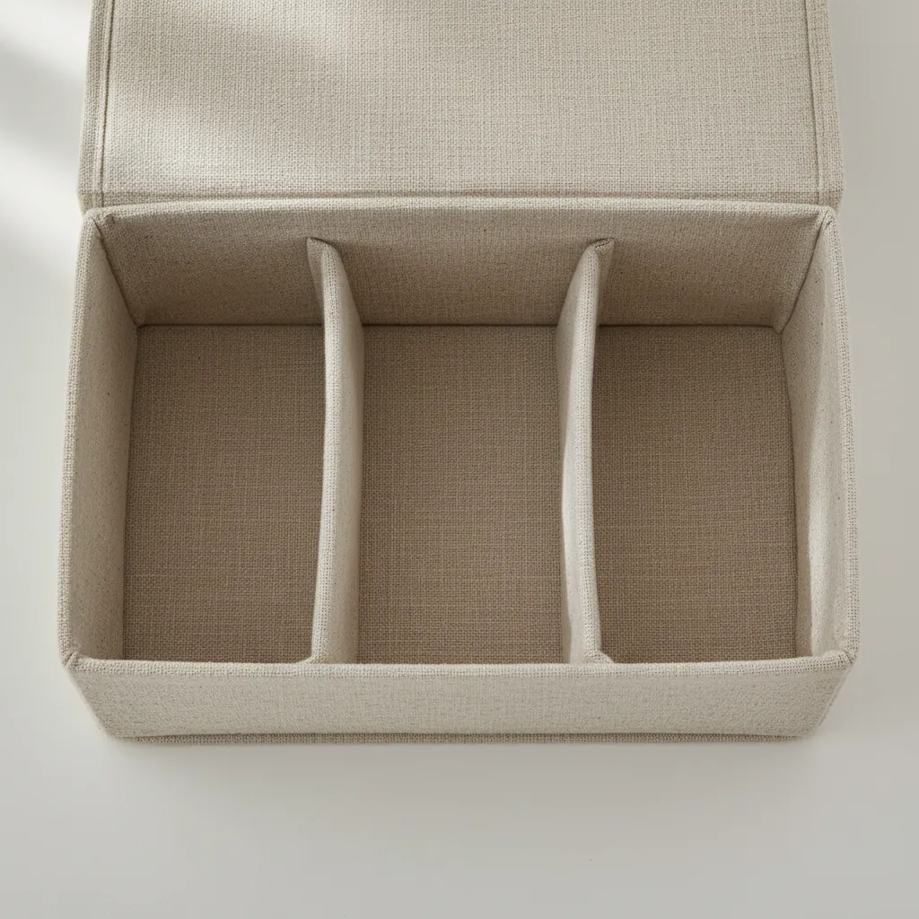 Interior de caja decorado con tela de lino beige
