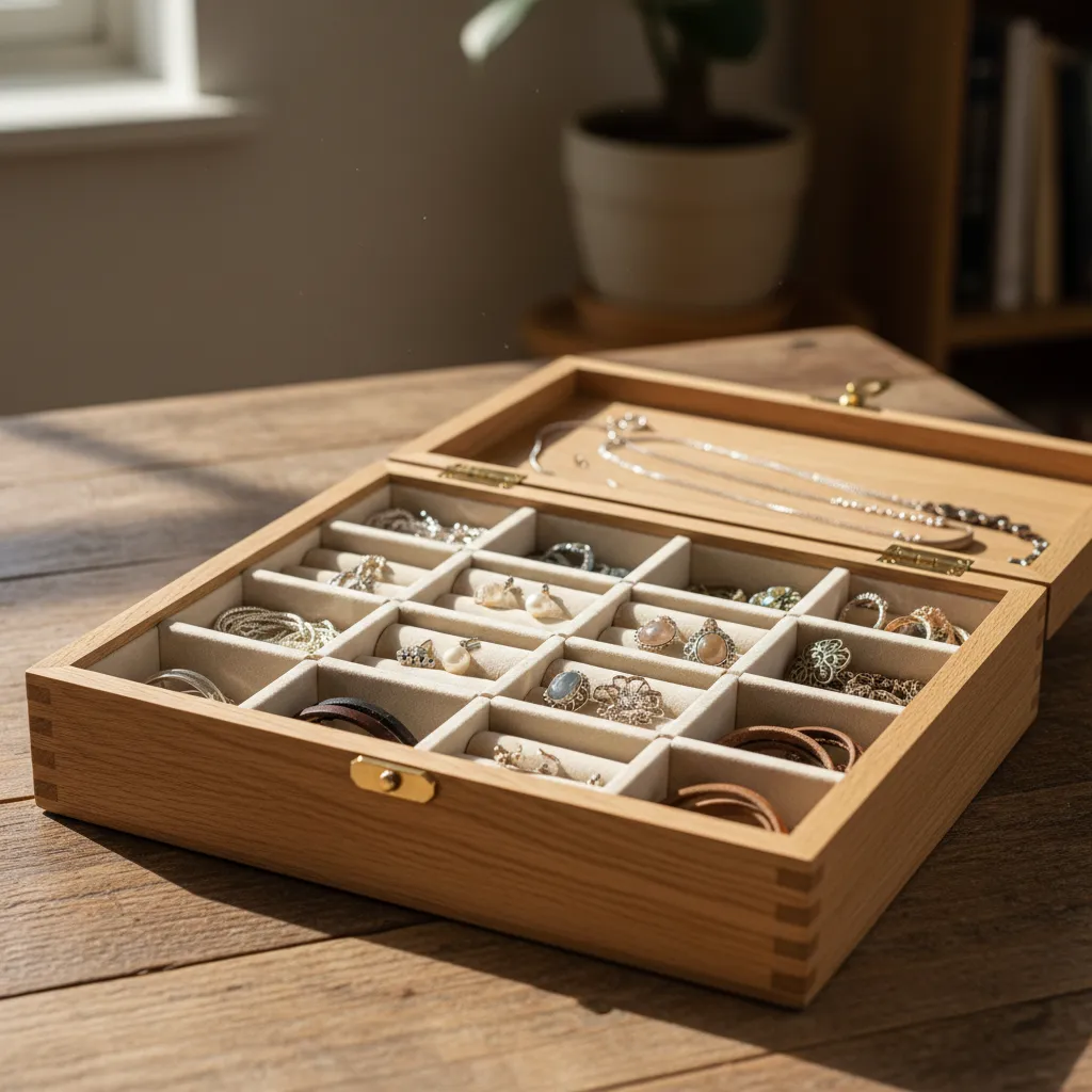 Caja de madera con divisores interiores para organización