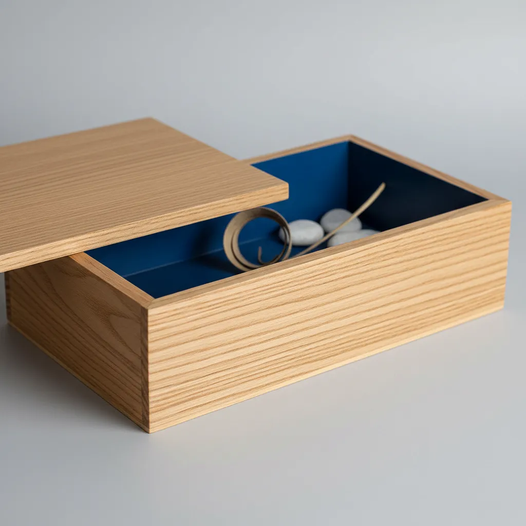 Caja de madera con interior pintado en color contrastante