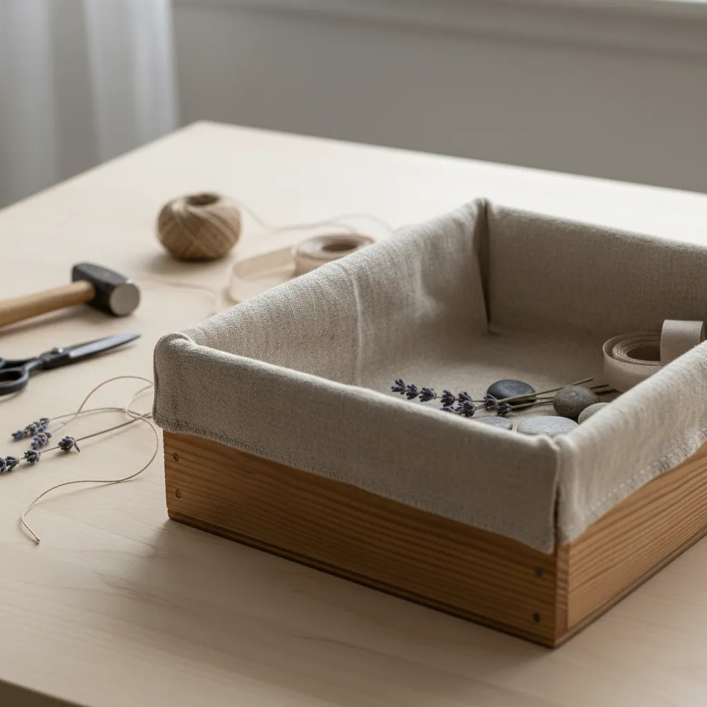 Interior de caja de madera forrado con tela beige