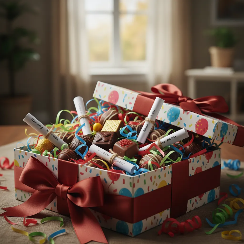 Caja decorada de cumpleaños terminada con dulces y mensajes