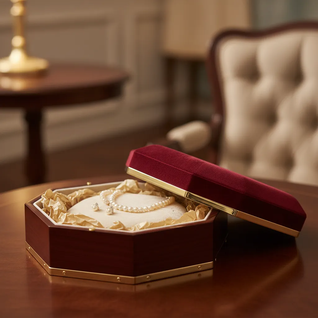 Caja de regalo abierta con papel de seda y base acolchada