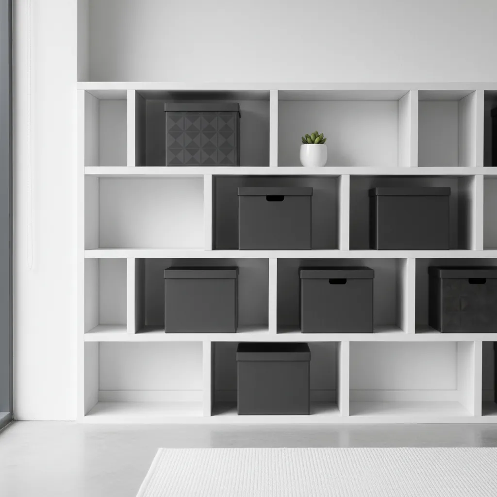 Cajas oscuras decorativas en estantería blanca creando contraste visual