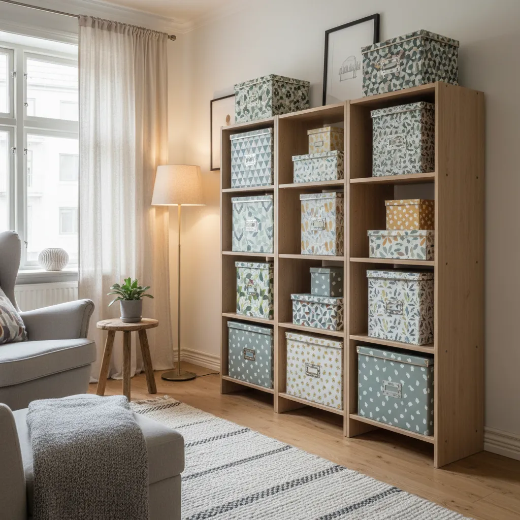 Cajas de cartón cubiertas con papel decorativo colocadas en una estantería