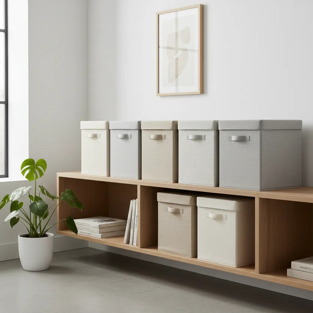 Cajas de cartón decoradas con tela organizando una estantería