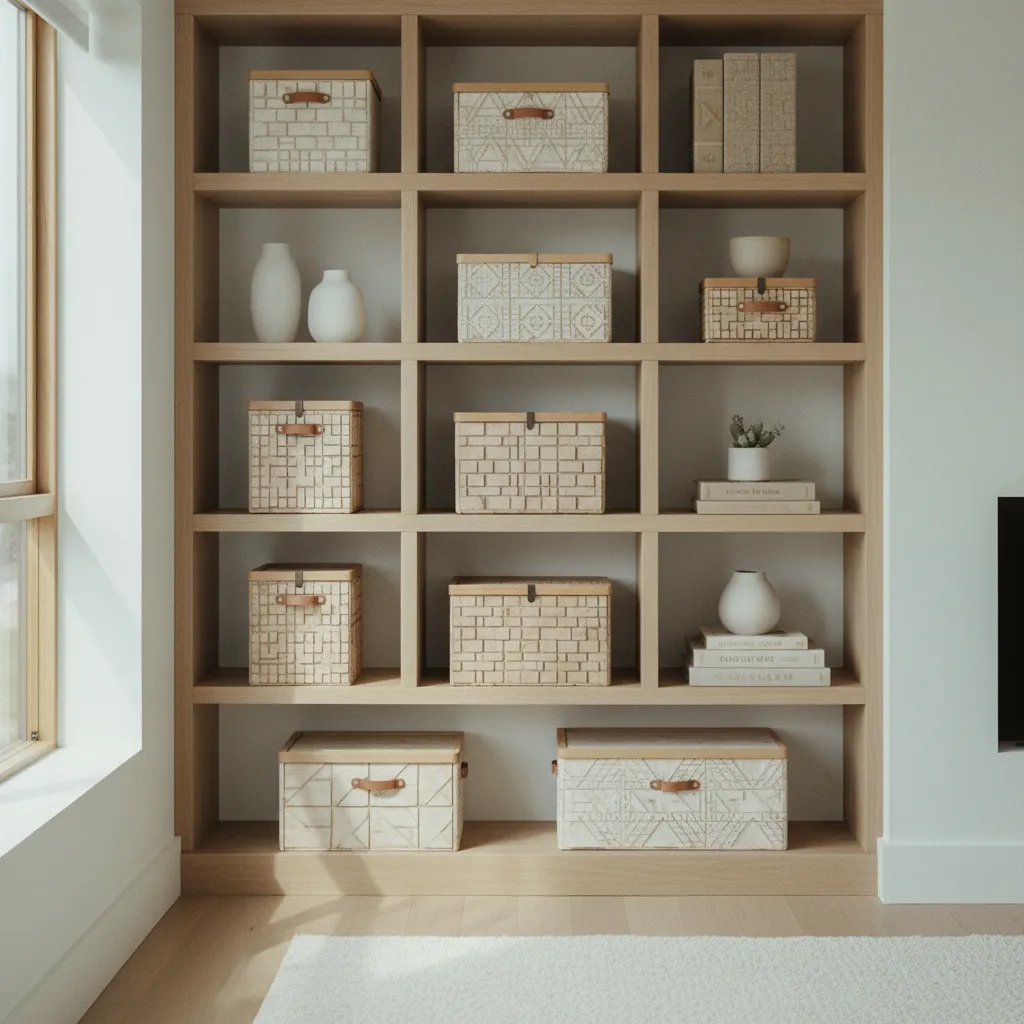 Cajas de madera decoradas utilizadas en una estantería moderna