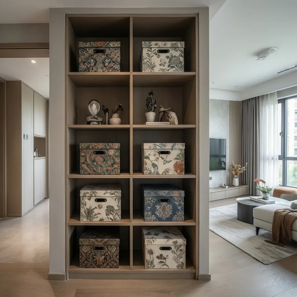 Estantería organizada con varias cajas de almacenamiento decoradas