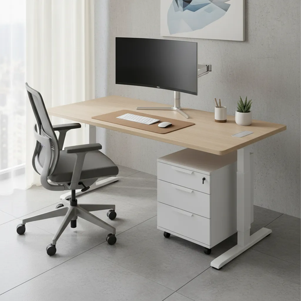 Modern wooden desk with white cabinet, grey office chair, monitor arm, and a small plant