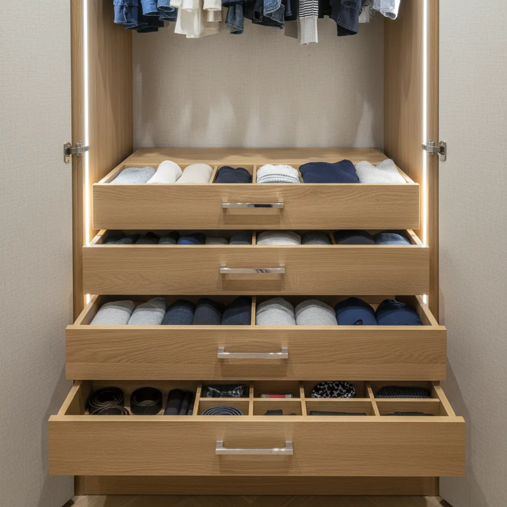 Cajones interiores de armario con ropa organizada