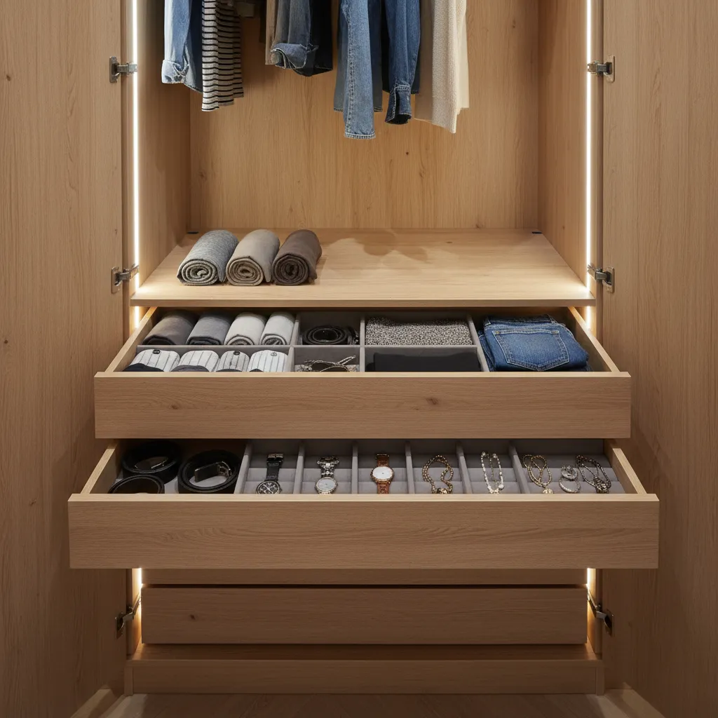 Cajones interiores organizados dentro de un armario empotrado