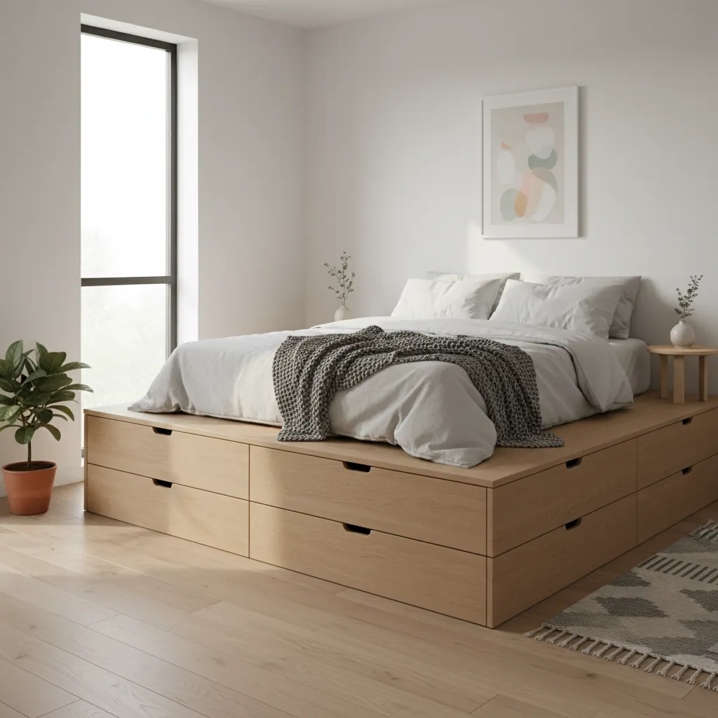 Modern light wood platform bed with closed storage drawers placed near a window and plant