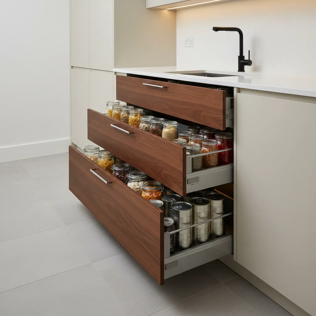 Open wooden kitchen drawers filled with glass jars and tin cans under a white countertop
