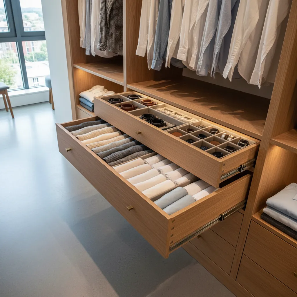 Open wood drawers in a closet showing folded clothes belts and small items in organizers