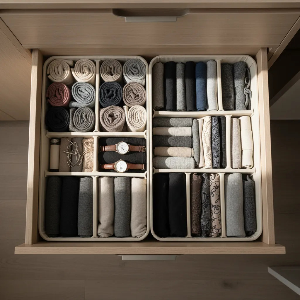 Cajones interiores organizados con ropa y accesorios