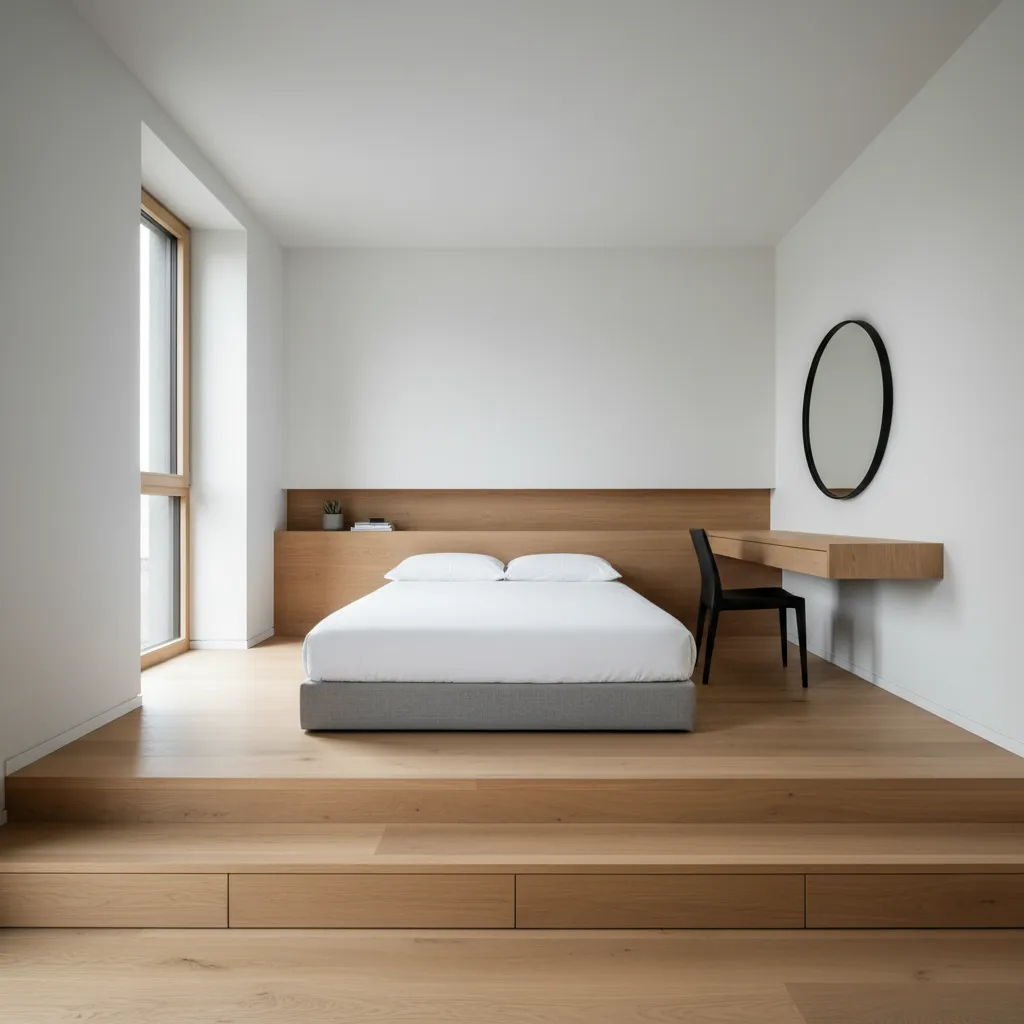Minimalist bedroom design with platform bed wooden steps floating desk black chair and round mirror