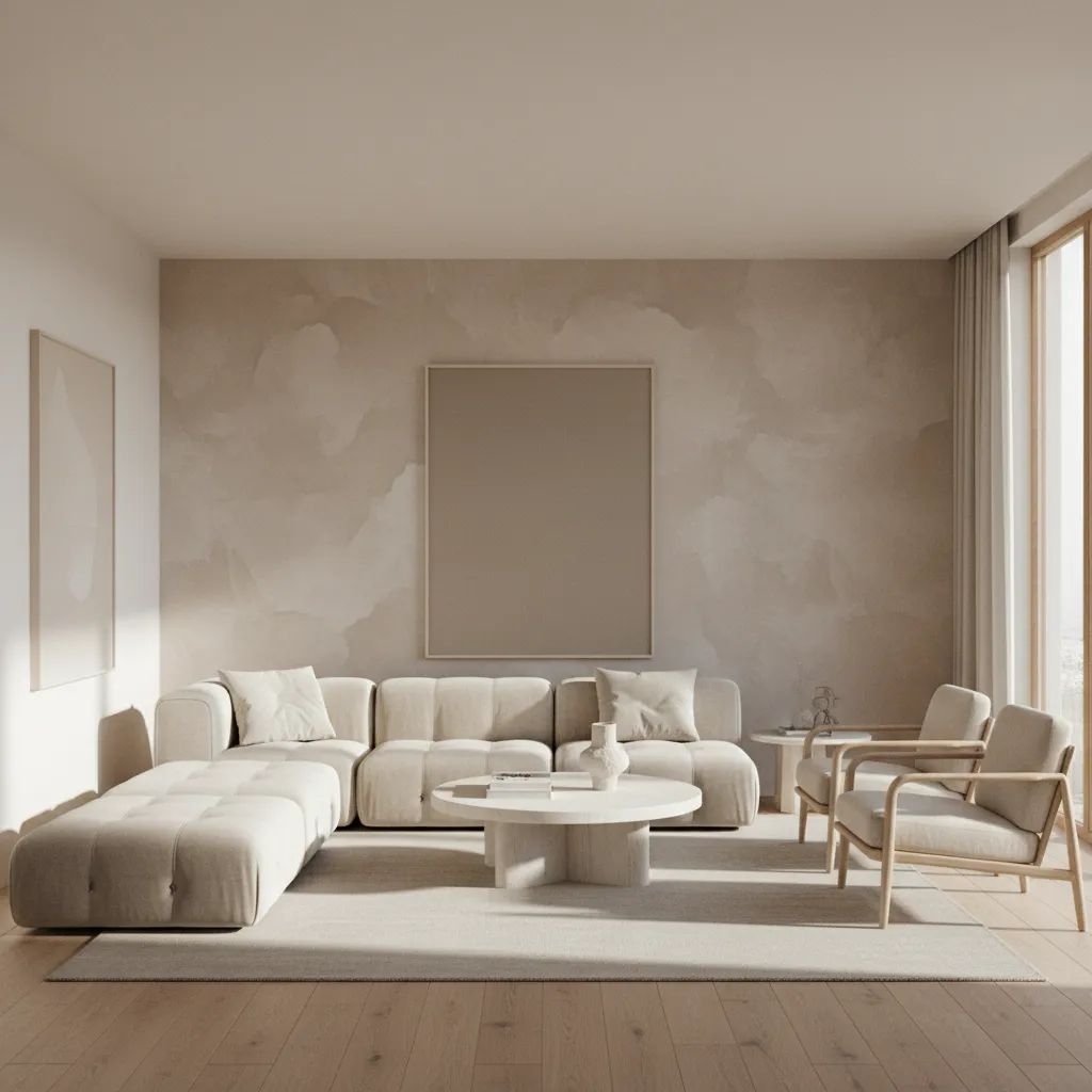 Modern living room wall finished with calcare limewash paint texture