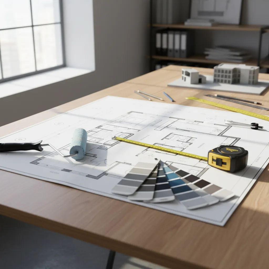 Home renovation planning scene with floor plan and paint supplies