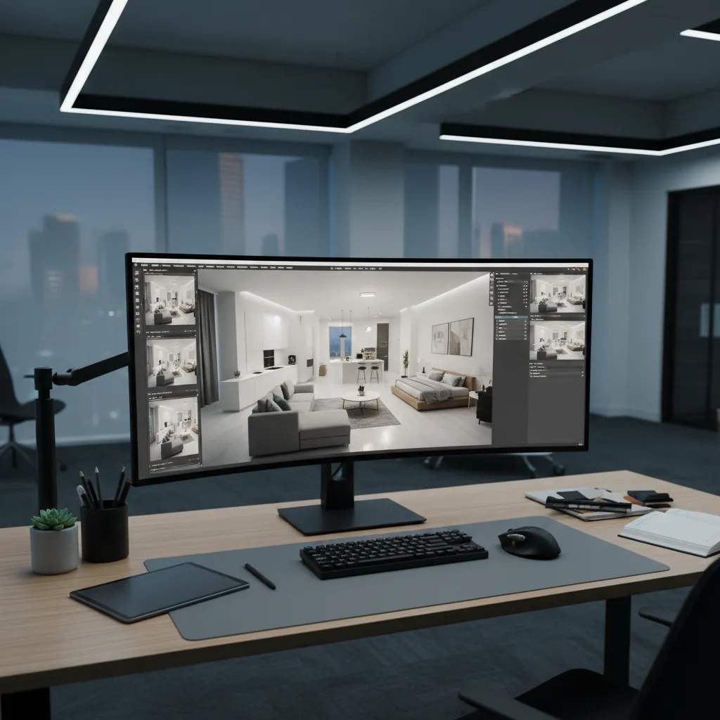 Wide monitor displaying 3D interior design drawing in software on desk with keyboard and mouse